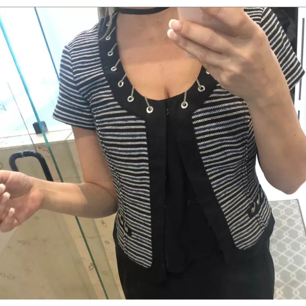 WHITE HOUSE BLACK MARKET -NWT- Striped Chain Laced Blazer Jacket | 00 - Picture 3 of 9